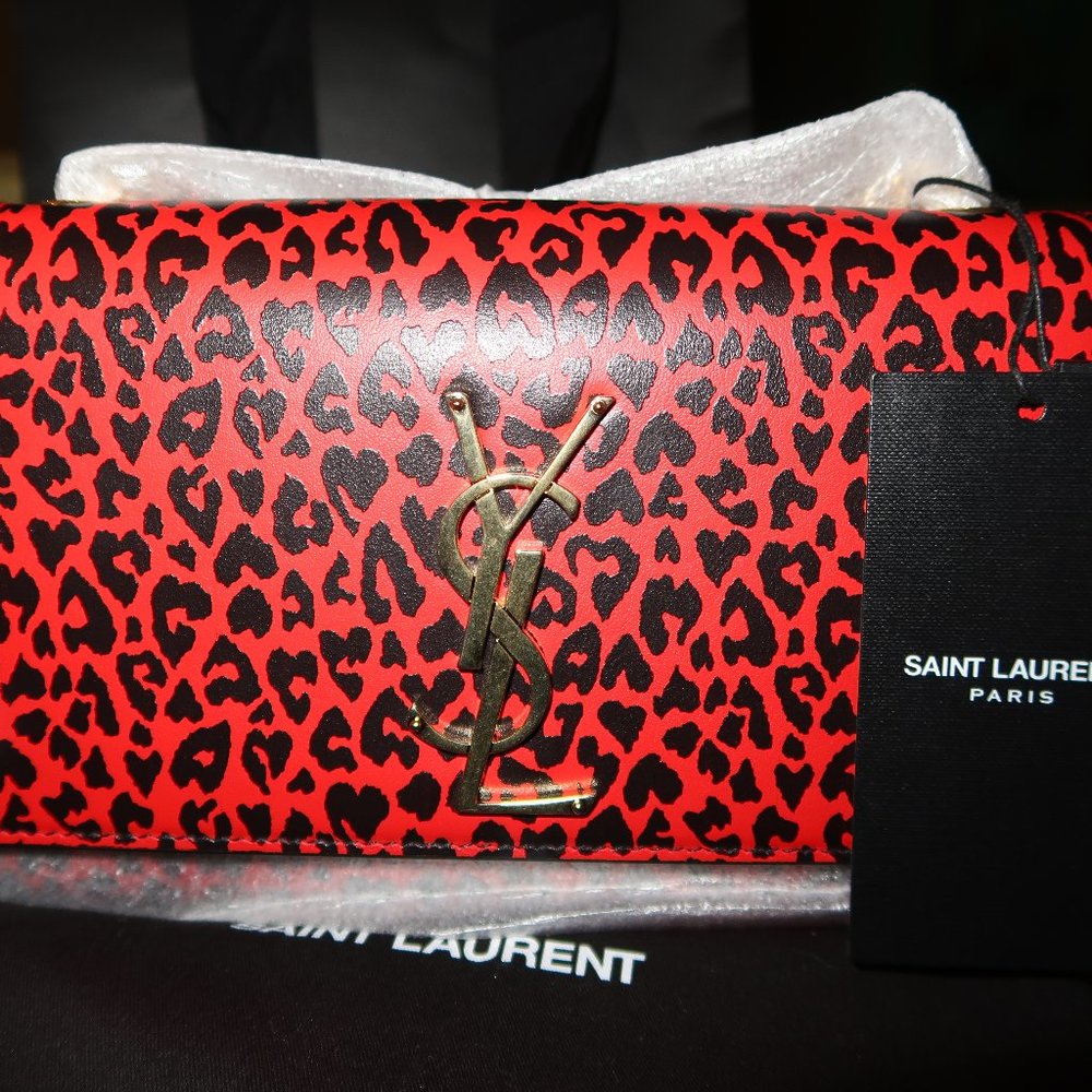 *SOLD* AUTH Saint Laurent Small Sunset Leopard Heart Print Bag In Rouge Fiesta